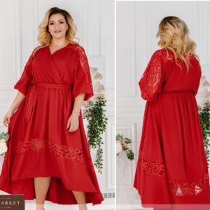 Купить красное женское летнее платье с кружевом и асимметричным подолом (размер 48-62) недорого
