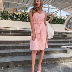 Приобрести женское платье из льна персикового цвета в вертикальную полоску онлайн