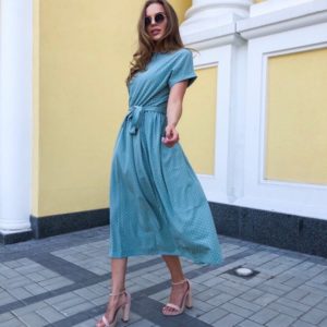 Приобрести голубое платье на лето для женщин миди в горошек с поясом онлайн