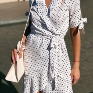 Приобрести белое платье в горошек для женщин на запах с завязками на рукавах онлайн
