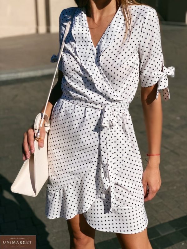 Приобрести белое платье в горошек для женщин на запах с завязками на рукавах онлайн