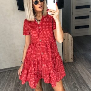Купити жіночу літню червону сукню з рюшами в горошок (розмір 42-52) в Україні