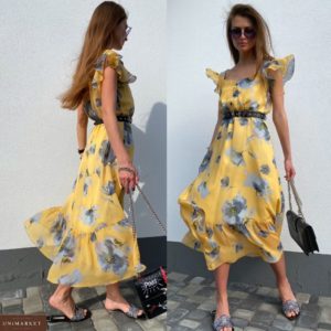 Купить желтое женское нежное платье в цветочный принт с рукавами-бабочками недорого