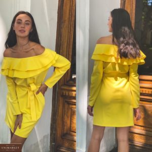 Заказать желтое женское платье с длинным рукавом с рюшами в Украине