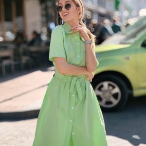 Замовити салатове жіноче плаття-сорочка з бавовни довжини міді онлайн