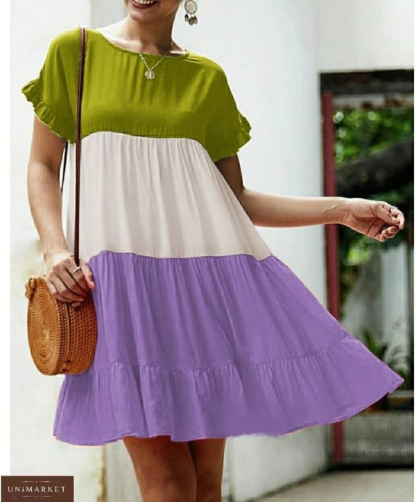 Заказать салатовый/белый/сиреневый женское трехцветное яркое платье из штапеля (размер 42-56) дешево