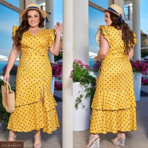 Заказать желтое женское длинное платье в горошек с разрезом внизу (размер 48-58) недорого