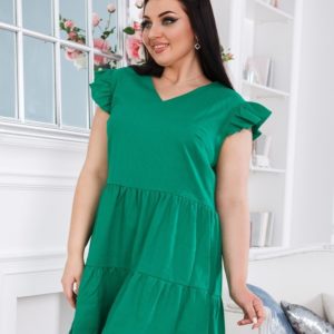 Купить женское зеленое платье свободного кроя из льна (размер 50-56) дешево