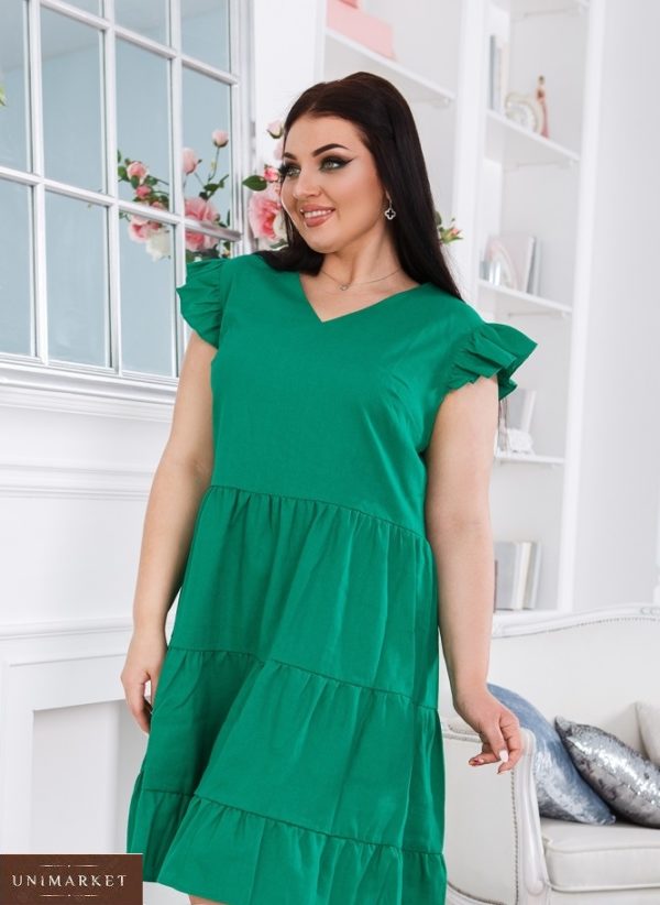 Купить женское зеленое платье свободного кроя из льна (размер 50-56) дешево