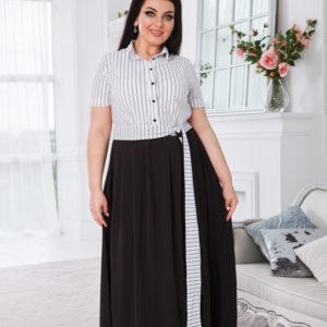 Купить женское черно-белое длинное платье в пол с имитацией рубашки (размер 50-52) недрого