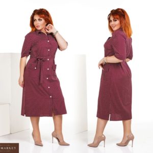 Купить бордо женское платье-рубашка в горошек с накладными карманами (размер 50-54) онлайн