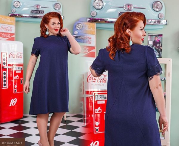Заказать синее женское платье из льна с кружевом на рукавах (размер 50-52) выгодно