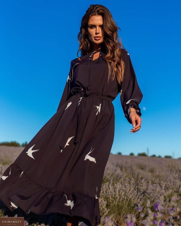Купить женское чёрное платье миди с ласточками (размер 42-54) онлайн