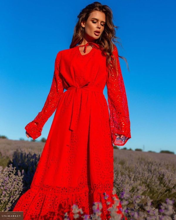 Заказать женское красное платье с поясом и воланами (размер 42-54) дешево