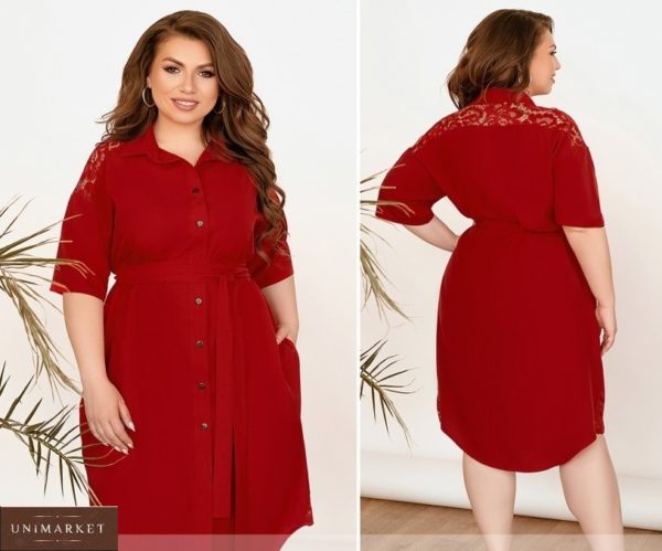 Заказать красное женское платье-рубашка из софта с поясом (размер 48-66) онлайн