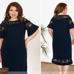 Купить темно-синее женское льняное платье с ажурным кружевом и рюшами (размер 48-66) онлайн