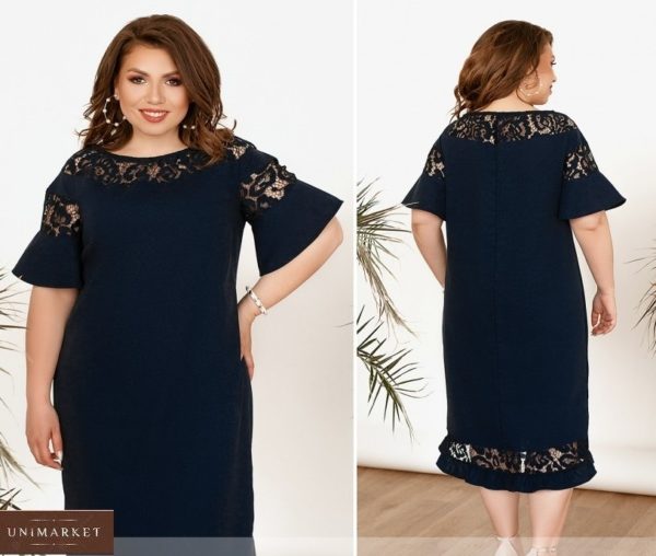Купити темно-синє жіноче лляне плаття з ажурним мереживом і рюшами (розмір 48-66) онлайн