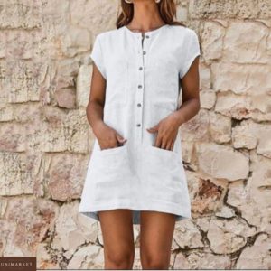 Замовити на літо сукню-сорочку дешево з льону з кишенями розміру 42-52 біле для жінок