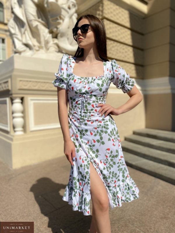 Заказать принтованное белого цвета платье на запах миди длины с рукавами-фонариками для женщин (размер 42-48) на лето онлайн