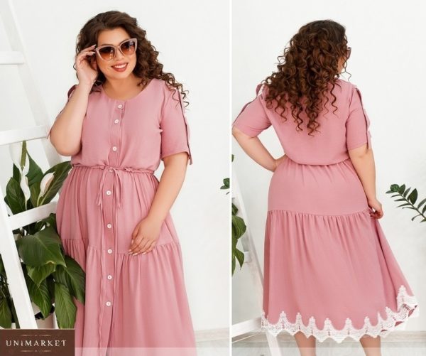 Замовити рожеве жіноче плаття-сорочка довжини максі з контрастним мереживом (розмір 48-66) вигідно