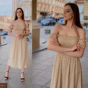Придбати жіночу на літо сукню з штапеля з дрібним принтом з гумками гірчичного кольору (розмір 42-58) в Україні