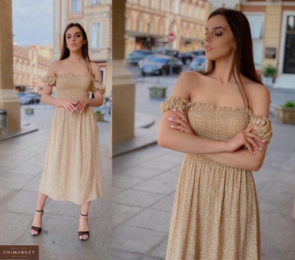 Приобрести женское на лето платье из штапеля с мелким принтом с резинками горчичного цвета(размер 42-58) в Украине