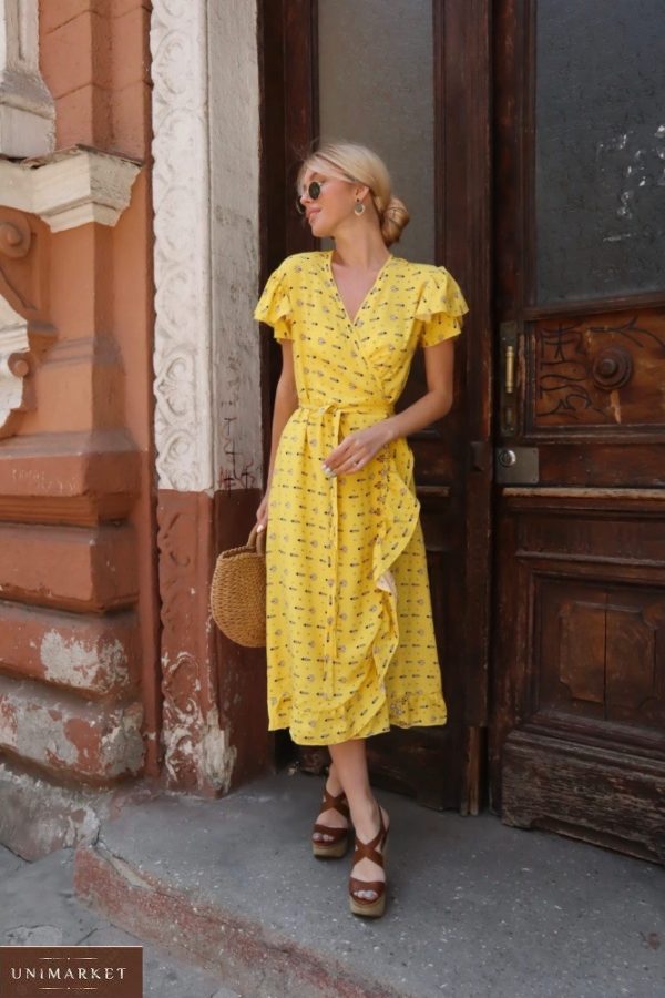 Замовити на запах плаття з штапеля жіноче жовтого кольору на літо з пишними рукавами (розмір 42-54) в Україні