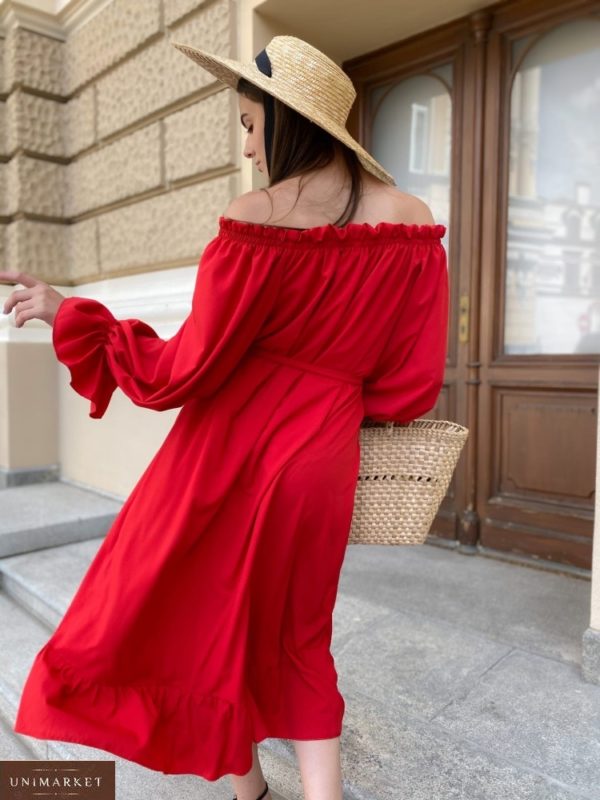 Приобрести женское с открытыми плечами красное платье-рубашка с длинным рукавом (размер 42-50) недорого