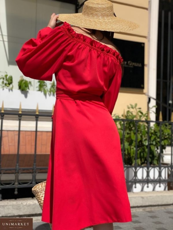 Придбати сукню міді на запах для жінок з довгими пишними рукавами (розмір 42-50) червоного кольору в Україні