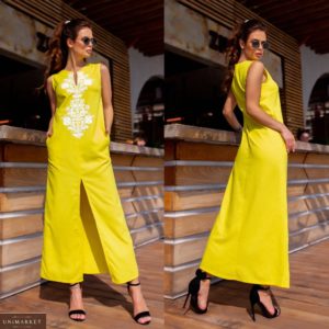 Купить желтое платье для женщин макси из льна с узором (размер 42-48) по скидке