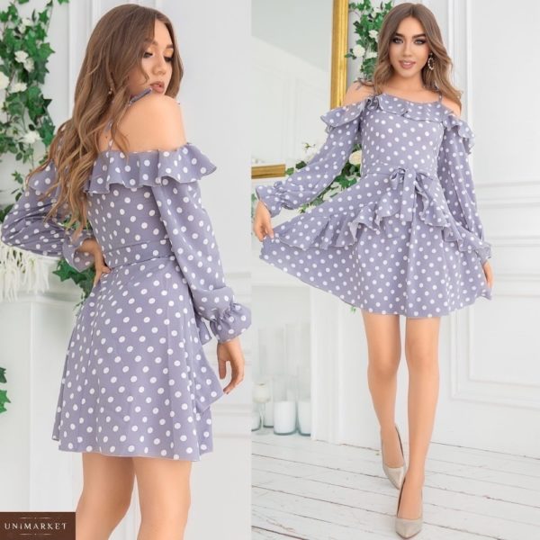 Приобрести женское платье с открытыми плечами в горошек лилового цвета с рюшами (размер 42-48) в интернете