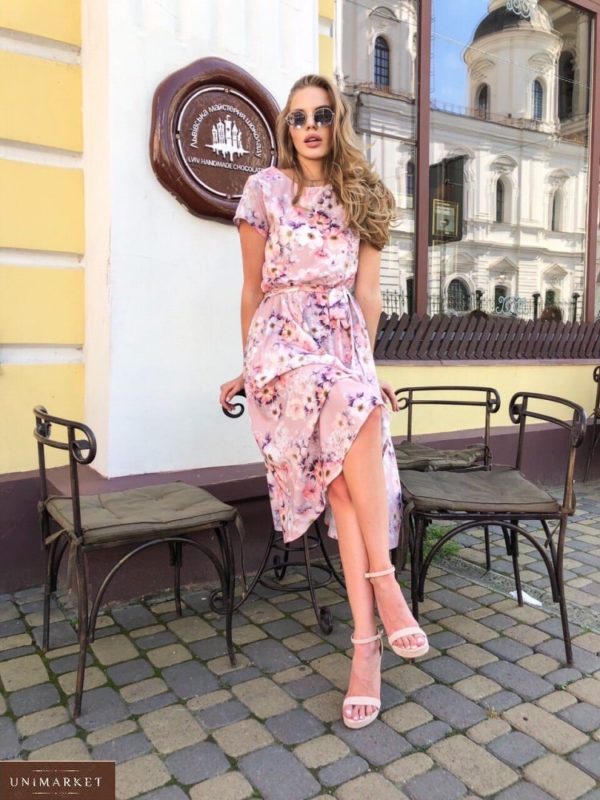 Заказать женское Цветочное платье длины миди розовое с поясом онлайн