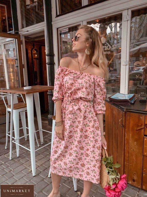 Купить женское платье розовое на лето с открытыми плечами из льна дешево