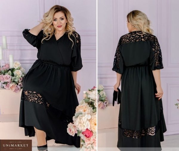 Замовити чорну жіночу літню сукню з мереживом і асиметричним подолом (розмір 48-62) по знижці