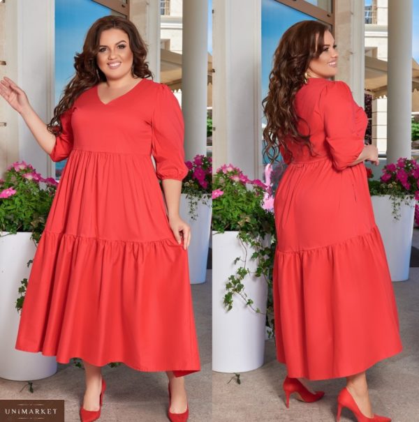 Придбати червону жіночу бавовняну сукню максі з V-подібним вирізом (розмір 48-66) дешево