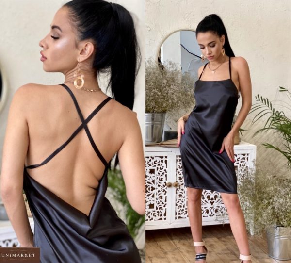 Придбати чорне жіноче атласне плаття з відкритою спиною по знижці