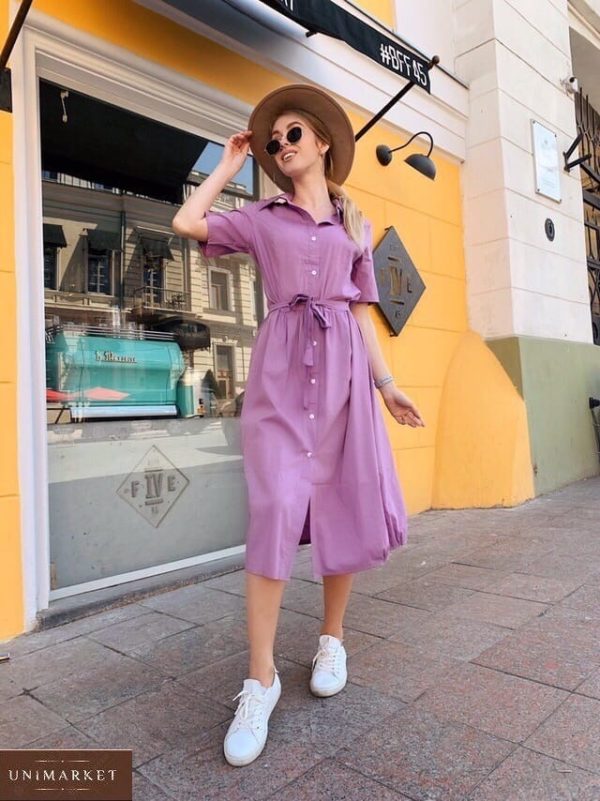 Купить лиловое женское платье-рубашка из хлопка длины миди онлайн