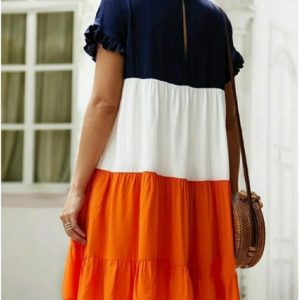 Купити синій / білий / оранж жіночу триколірну яскраву сукню з штапеля (розмір 42-56) за низькими цінами