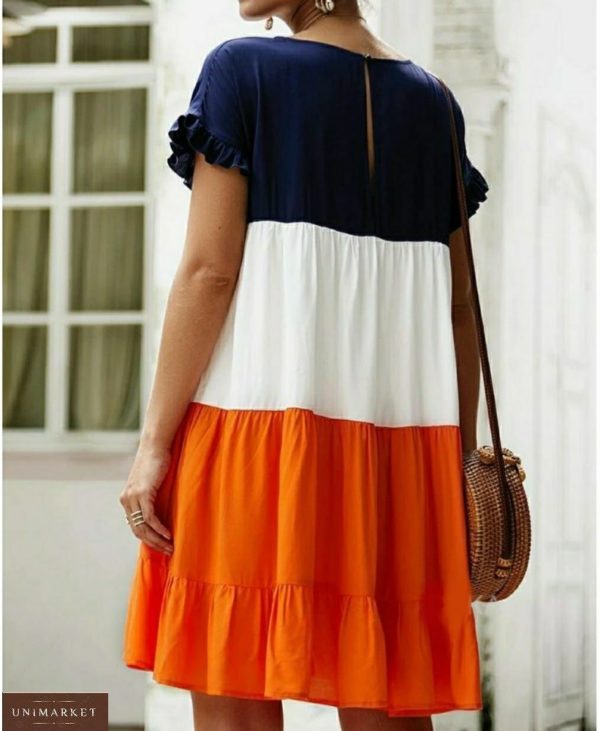 Купить синий/белый/оранж женское трехцветное яркое платье из штапеля (размер 42-56) по низким ценам