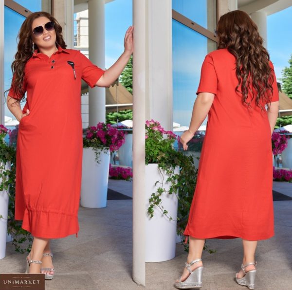 Замовити червоне жіноче довге плаття з льону із затягуванням знизу (розмір 48-66) в Києві, Харкові