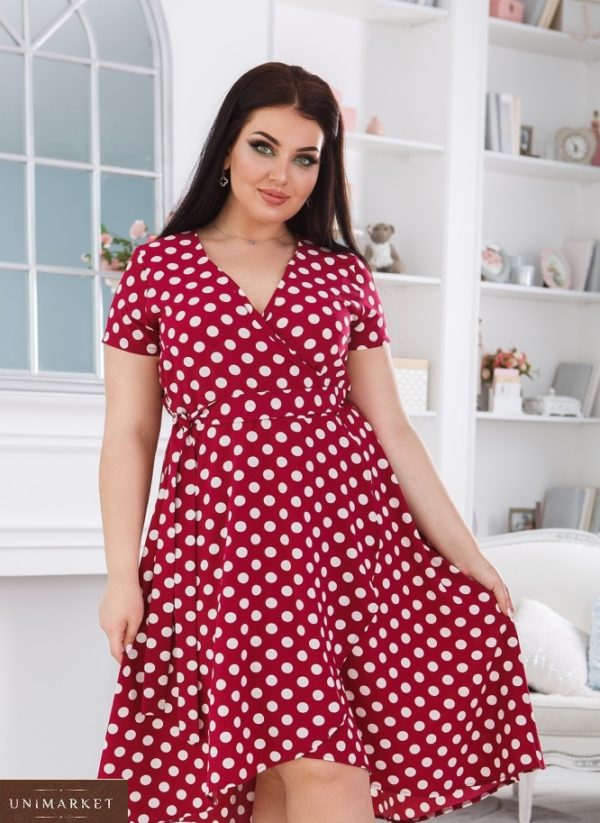 Заказать красное женское платье в горошек на запах с асимметричным подолом (размер 50-56) онлайн