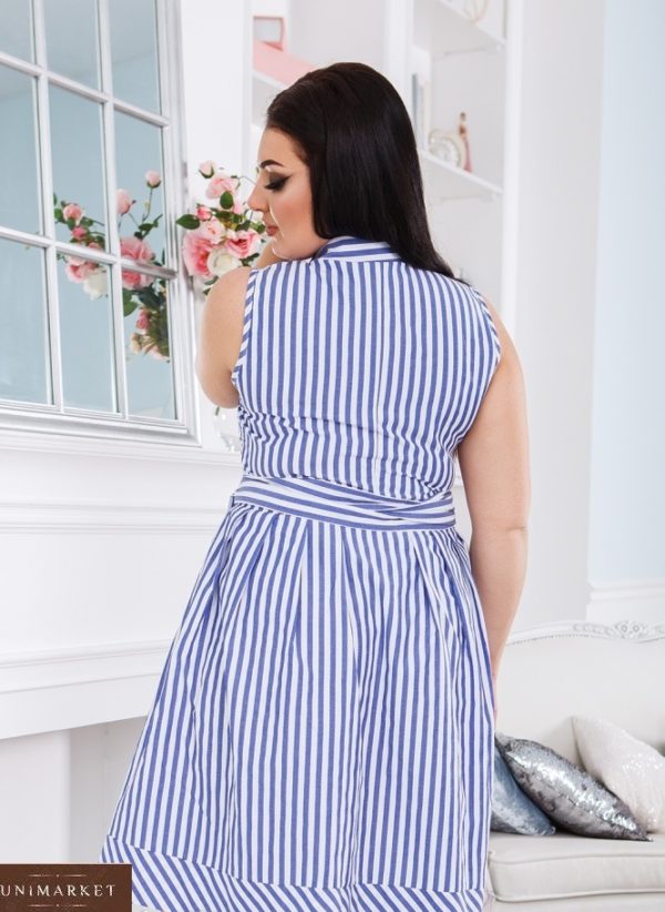 Придбати жіночу блакитне плаття в вертикальну смужку з поясом (розмір 42-52) недорого