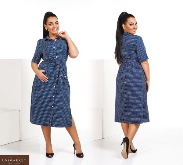 Купити синє жіноче плаття-сорочка в горошок з накладними кишенями (розмір 50-54) дешево