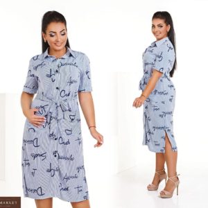 Заказать синее женское платье-рубашка в мелкую вертикальную полоску с буквами (размер 50-54) онлайн