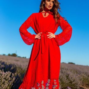 Приобрести женское красное платье с поясом и воланами (размер 42-54) онлайн