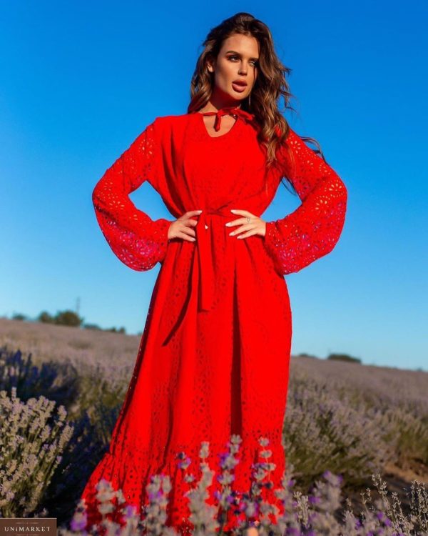 Приобрести женское красное платье с поясом и воланами (размер 42-54) онлайн