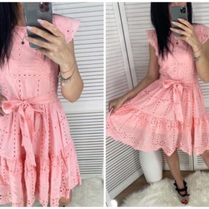 Заказать розовое женское летнее платье из прошвы с рюшами онлайн