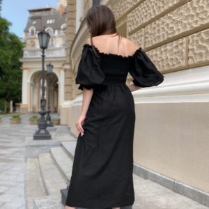 Купити жіноче плаття з льону з об'ємними рукавами розміру 42-58 чорного кольору довжини максі за низькими цінами