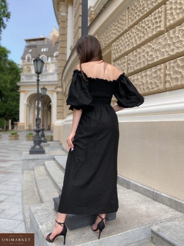 Купить женское платье из льна с объемными рукавами размера 42-58 черного цвета длины макси по низким ценам