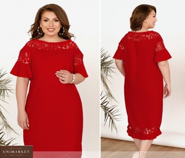 Придбати червоне жіноче лляне плаття з ажурним мереживом і рюшами (розмір 48-66) недорого